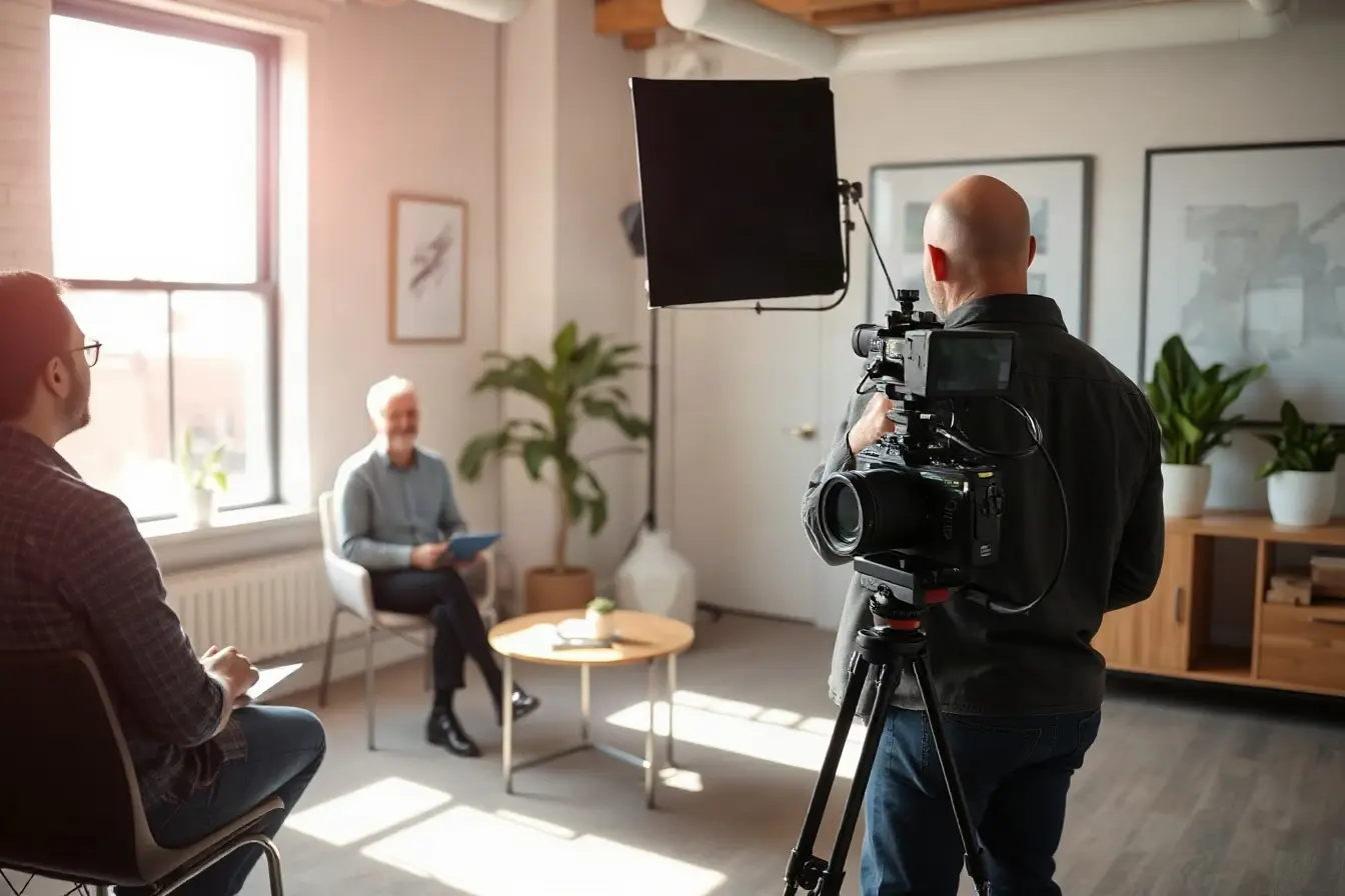 Small video crew filming a client interview in a San Francisco office