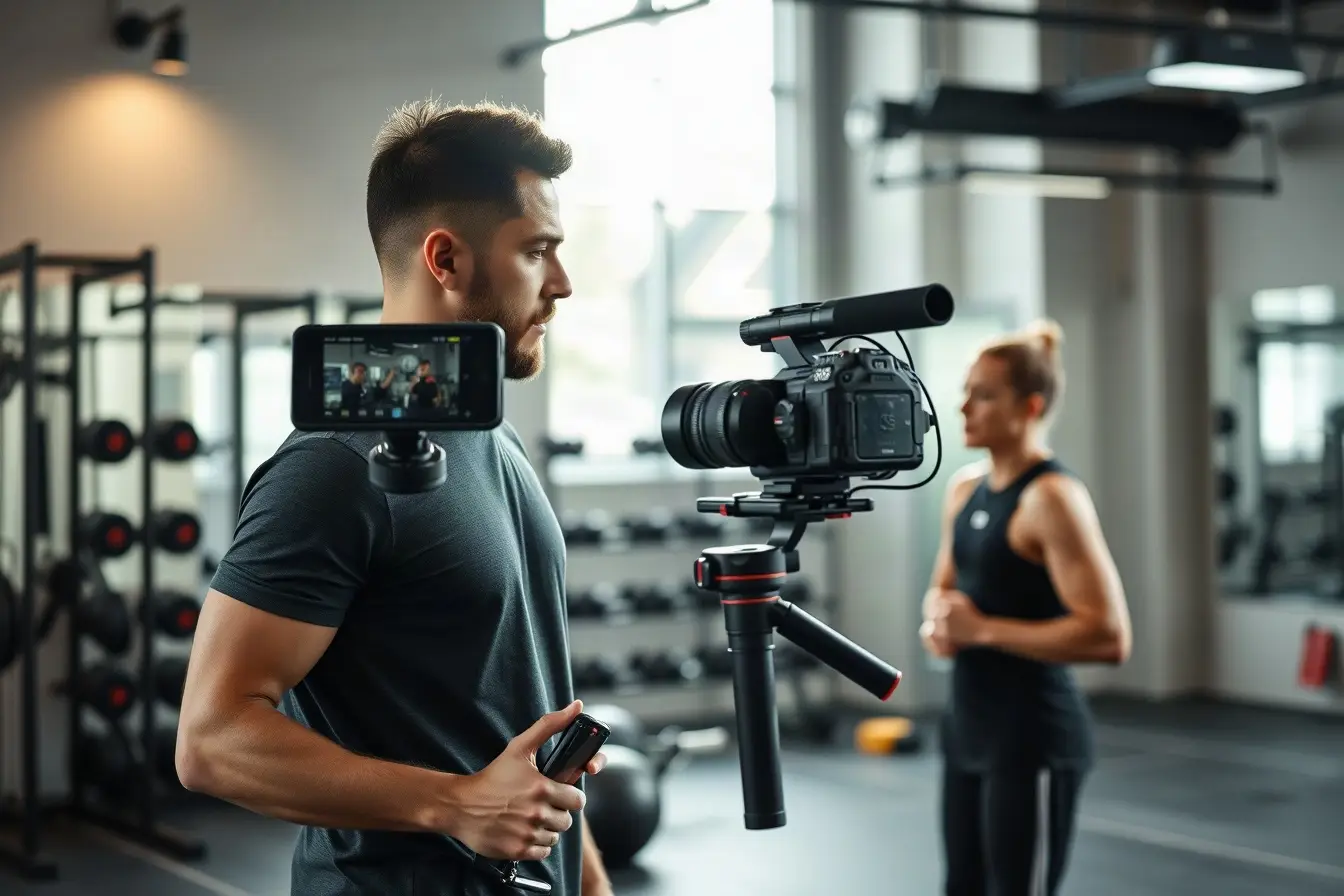 Fitness trainer being filmed for social media reels in a modern gym